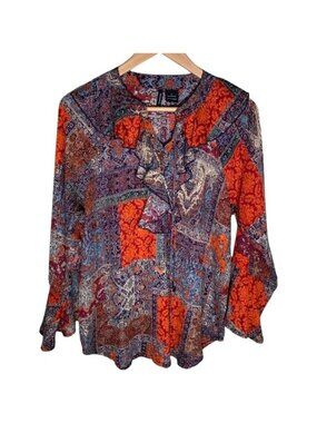 New Directions Women's Large Boho Patchwork V-Neck Bell Sleeve Blouse Top